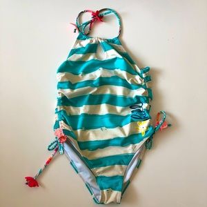 2/$10 BIG CHILL White & Turquoise Blue Stripe Halter Tie Side Ruched Swimsuit 10